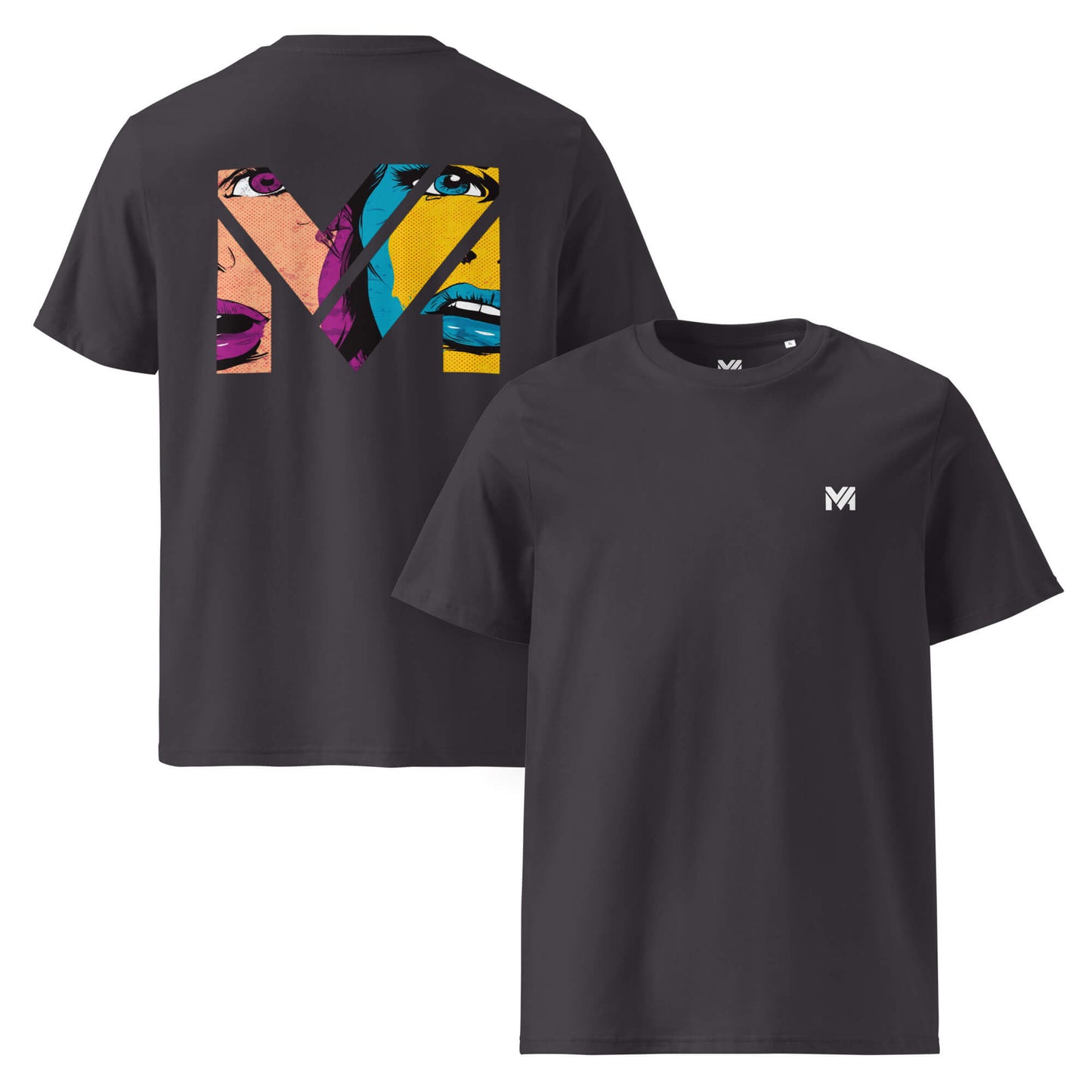 T-shirt Bio NO FILTER gris anthracite logo blanc face et visuel coloré dos Mindset Ambition