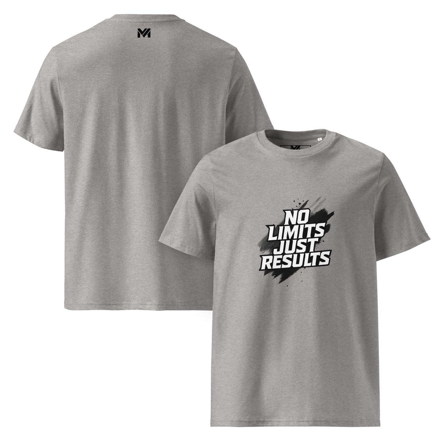 T-shirt bio unisexe gris Mindset Ambition “No Limits. Just Results.” – visuel noir effet peinture, coton bio premium, logo MA discret sous le col.