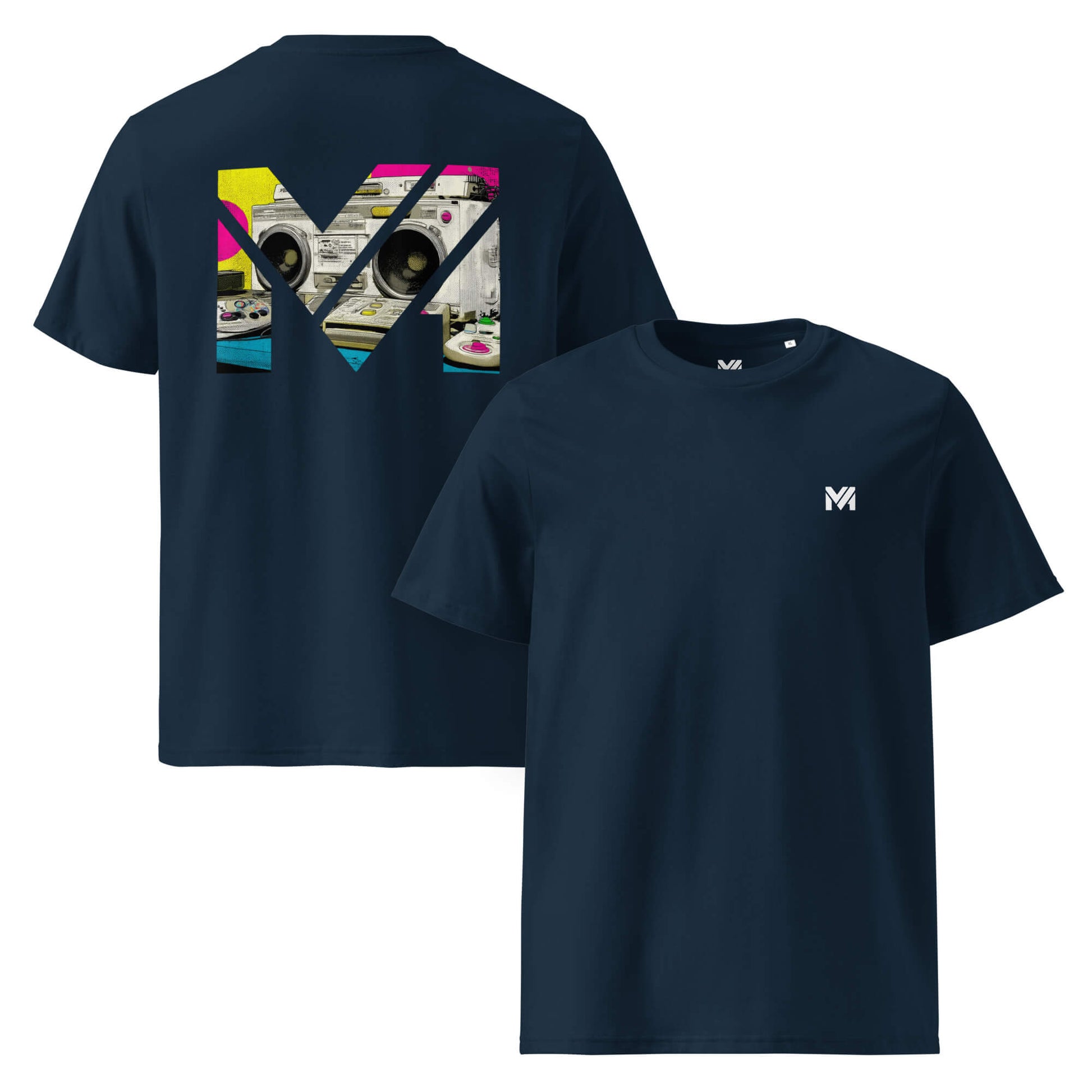 T-shirt Bio OLD SCHOOL GRIND bleu marine logo blanc face et visuel coloré dos Mindset Ambition