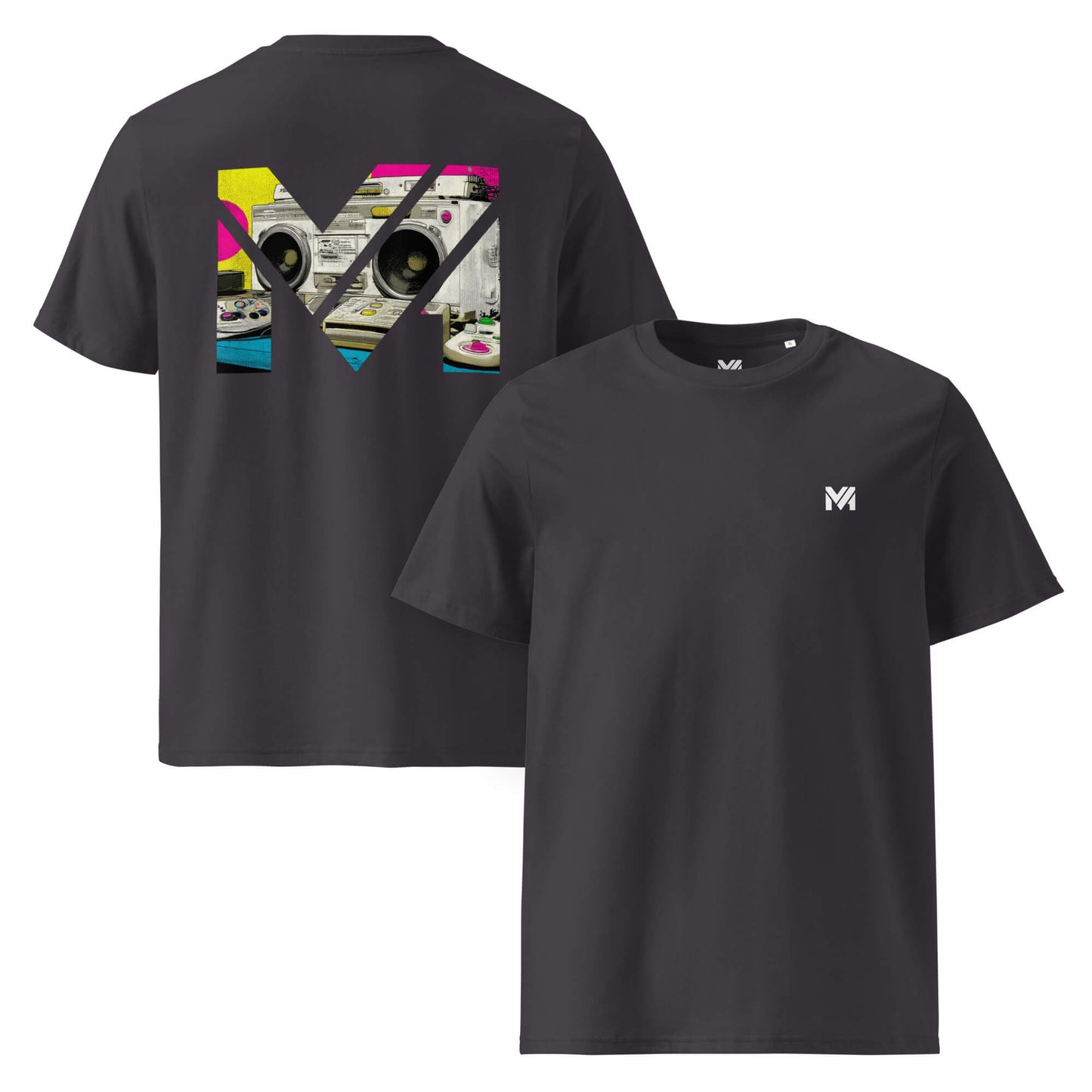 T-shirt Bio OLD SCHOOL GRIND gris anthracite logo blanc face et visuel coloré dos Mindset Ambition
