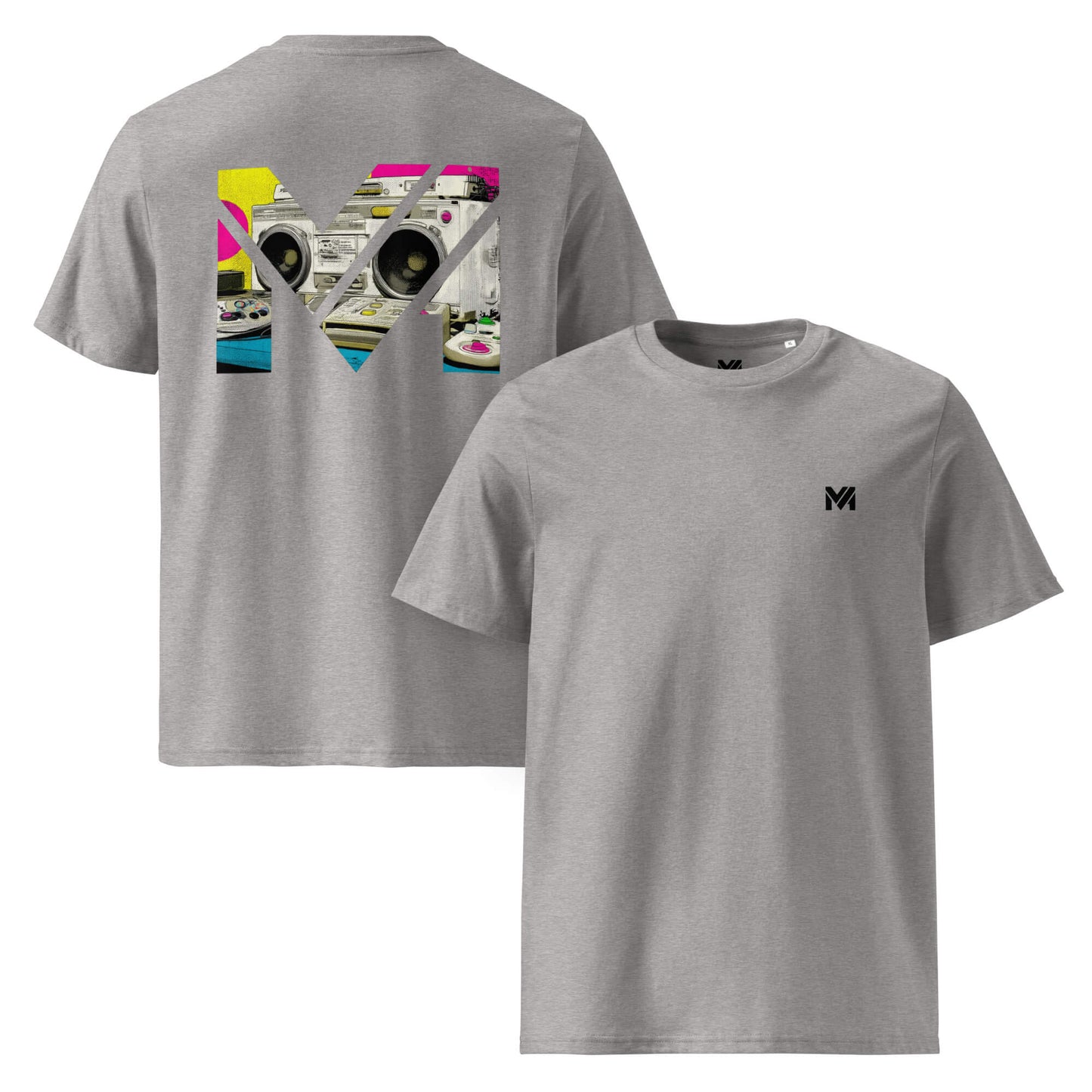 T-shirt Bio OLD SCHOOL GRIND gris chiné logo noir face et visuel coloré dos Mindset Ambition