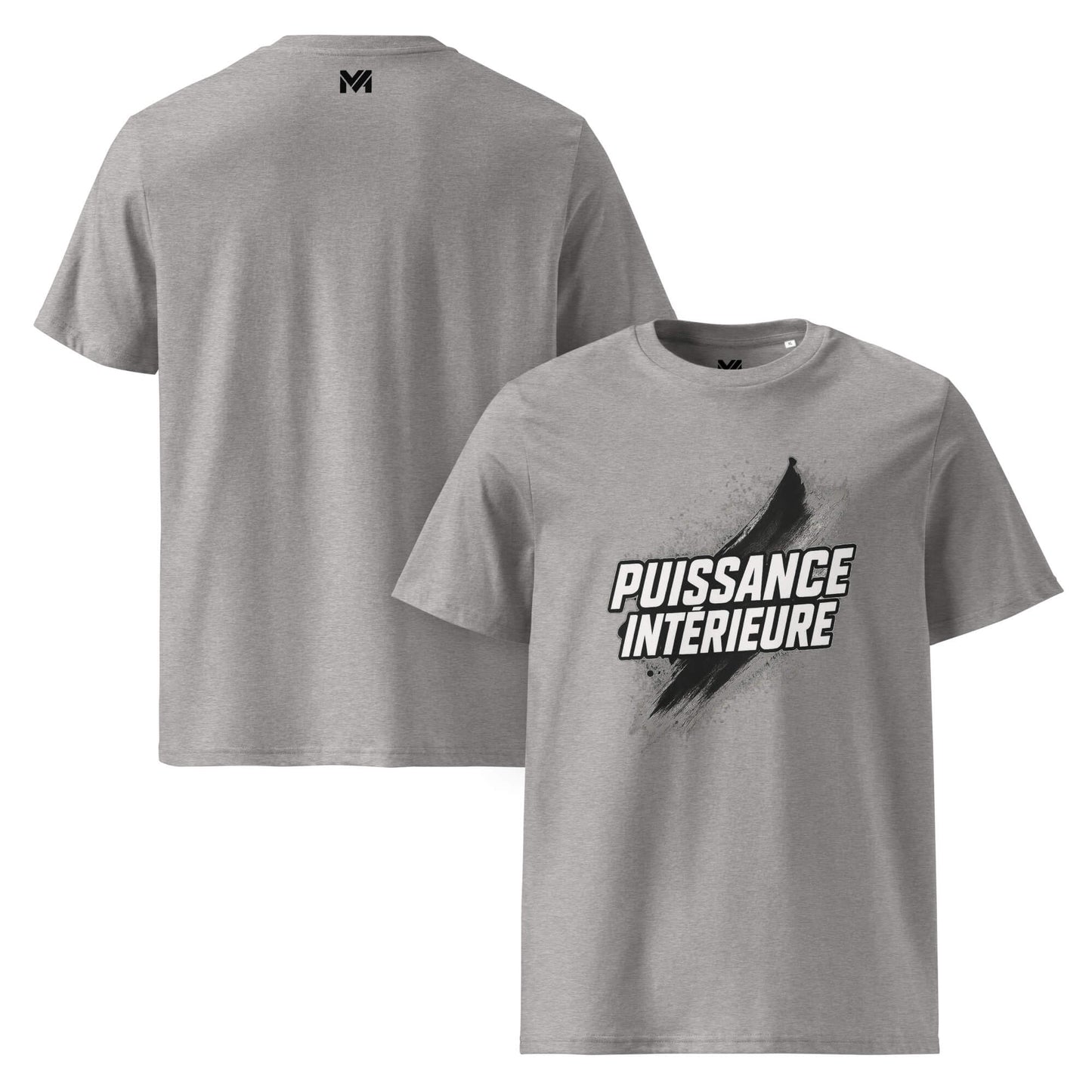T-shirt bio gris Mindset Ambition “Puissance intérieure” – graphisme noir inspiré sumi-e, coton bio premium, logo MA centré sous le col au dos.