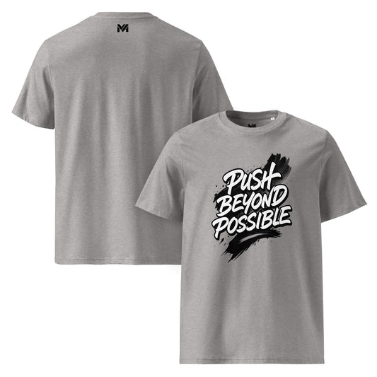 T-shirt bio gris Mindset Ambition “Push Beyond Possible” – texte noir sur peinture blanche, coton bio premium, logo MA au dos.