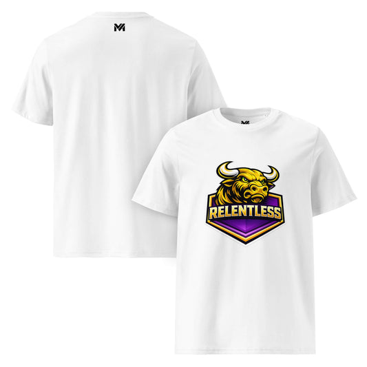 T-shirt Bio RELENTLESS blanc visuel coloré face et logo noir dos sous le col Mindset Ambition