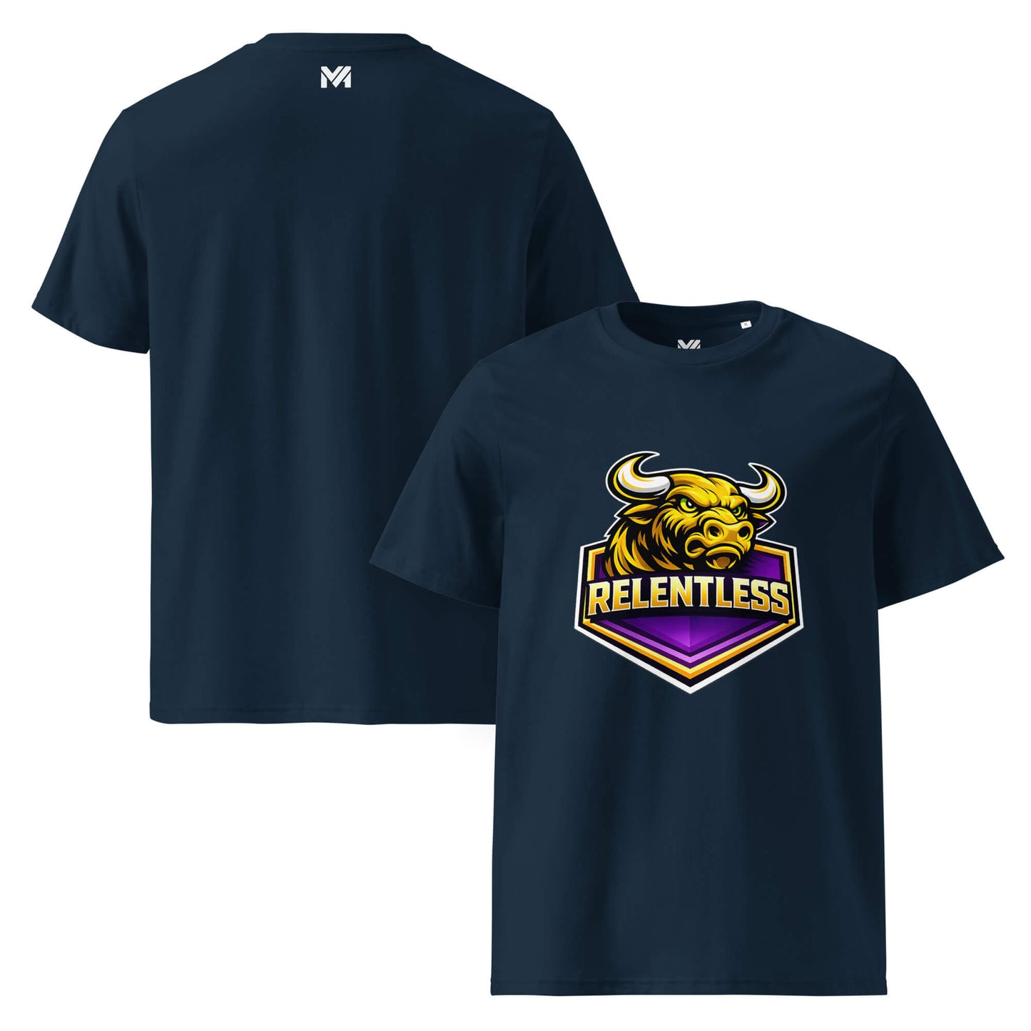 T-shirt Bio RELENTLESS bleu marine visuel coloré face et logo blanc dos sous le col Mindset Ambition