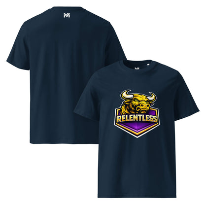 T-shirt Bio RELENTLESS bleu marine visuel coloré face et logo blanc dos sous le col Mindset Ambition