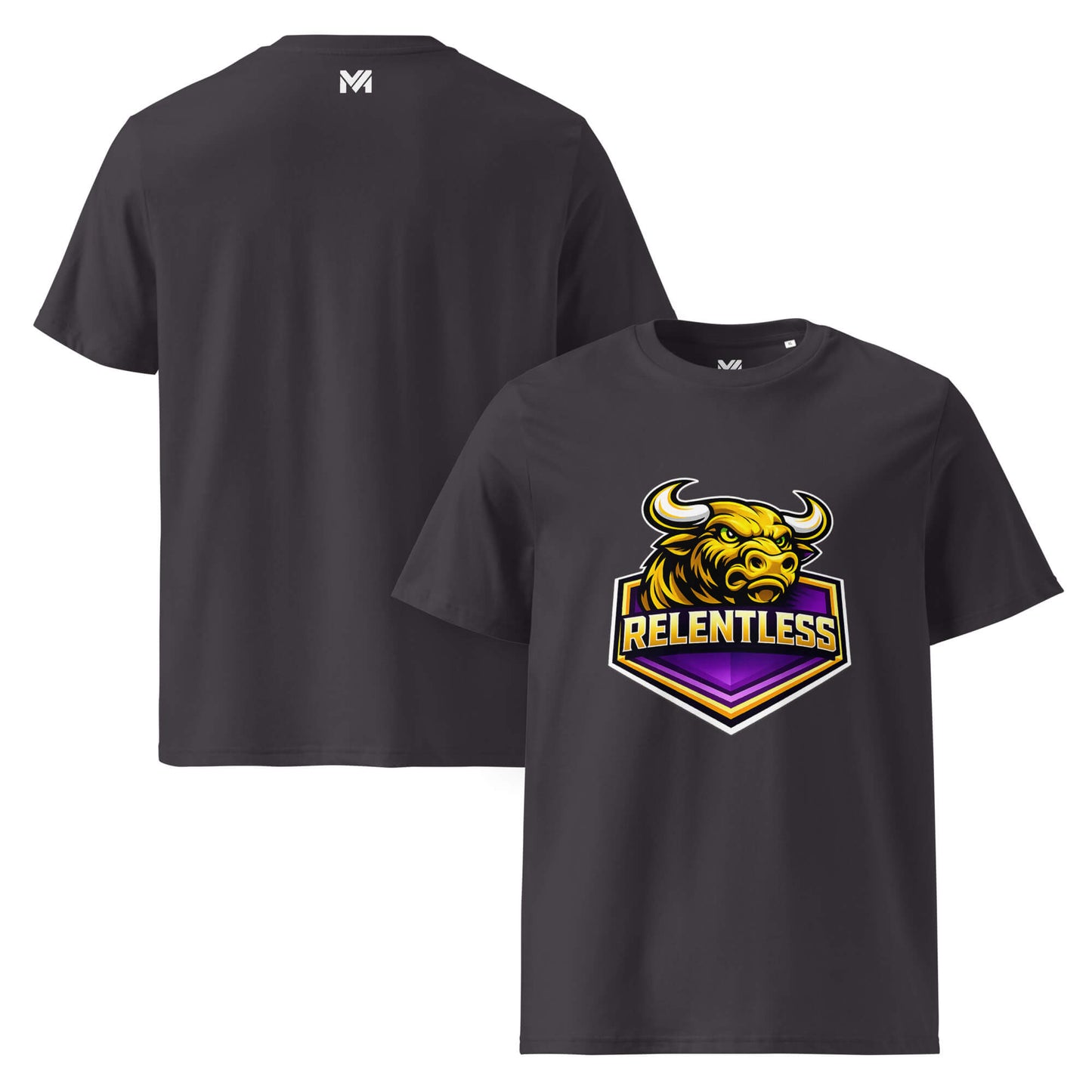 T-shirt Bio RELENTLESS gris anthracite visuel coloré face et logo blanc dos sous le col Mindset Ambition