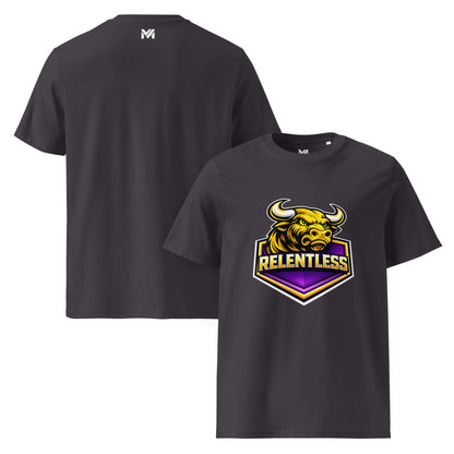 T-shirt Bio RELENTLESS gris anthracite visuel coloré face et logo blanc dos sous le col Mindset Ambition