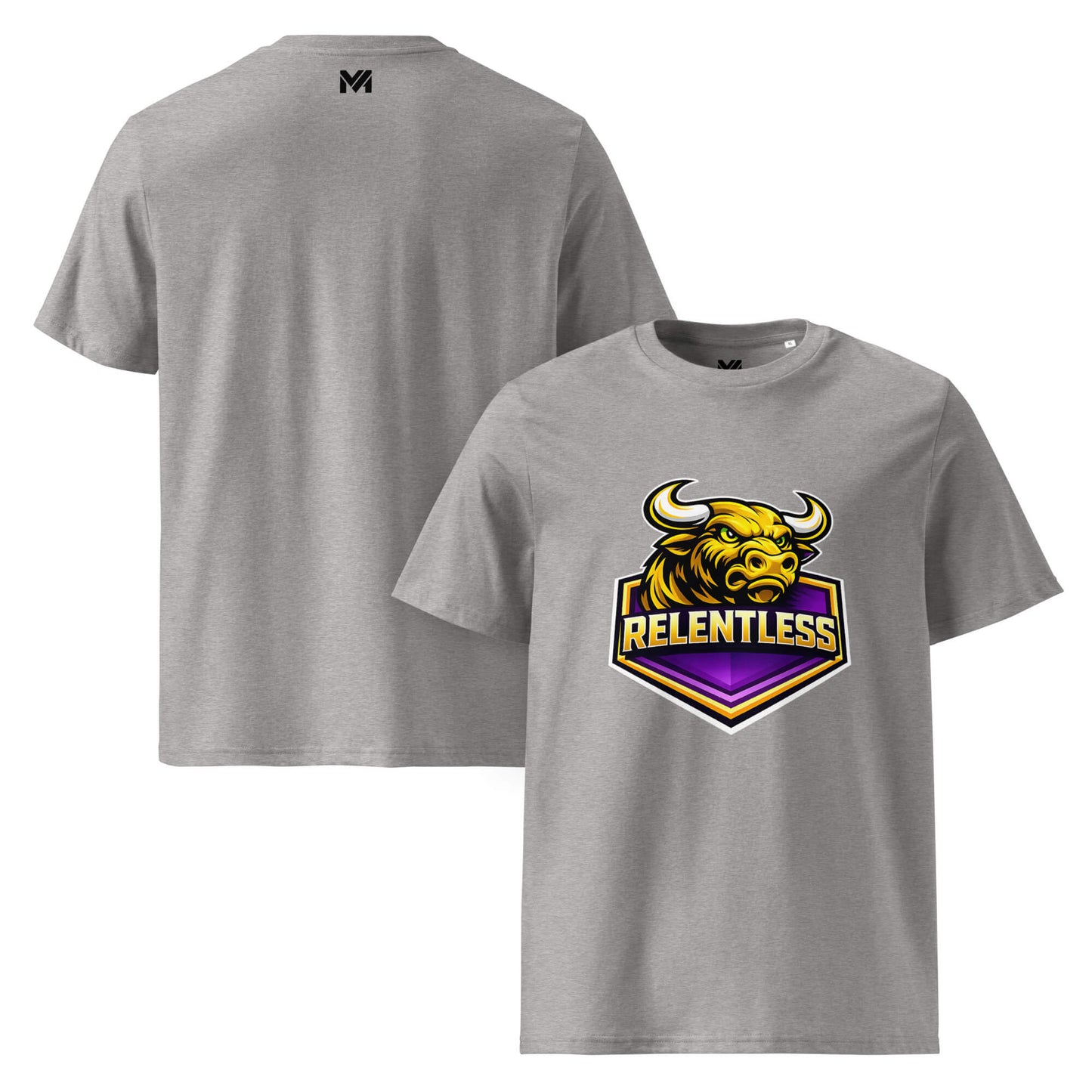 T-shirt Bio RELENTLESS gris chiné visuel coloré face et logo noir dos sous le col Mindset Ambition