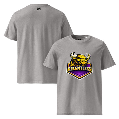 T-shirt Bio RELENTLESS gris chiné visuel coloré face et logo noir dos sous le col Mindset Ambition