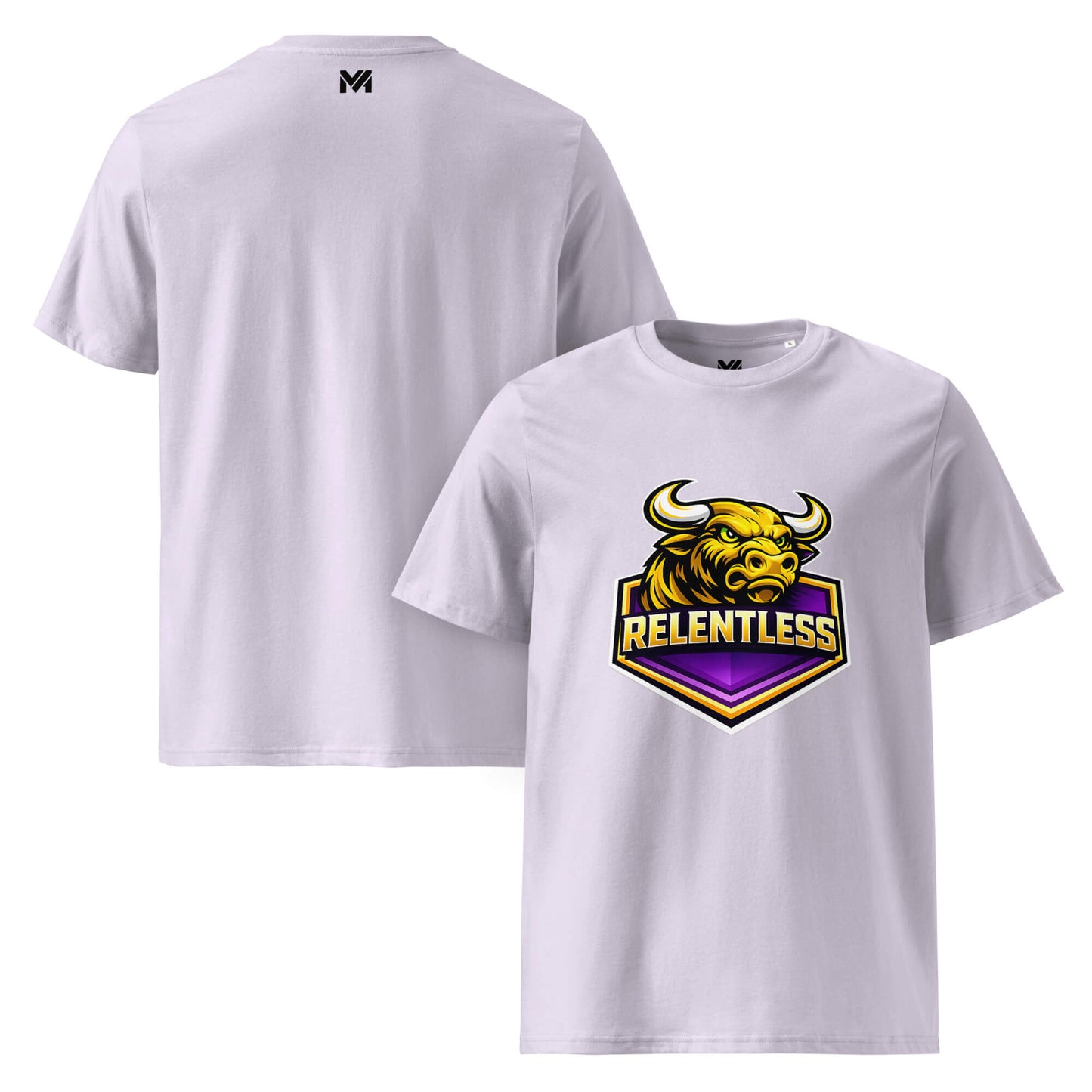 T-shirt Bio RELENTLESS lavande visuel coloré face et logo noir dos sous le col Mindset Ambition