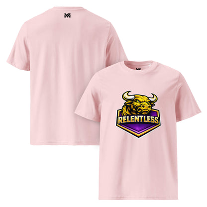 T-shirt Bio RELENTLESS rose visuel coloré face et logo noir dos sous le col Mindset Ambition