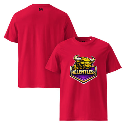 T-shirt Bio RELENTLESS rouge visuel coloré face et logo noir dos sous le col Mindset Ambition