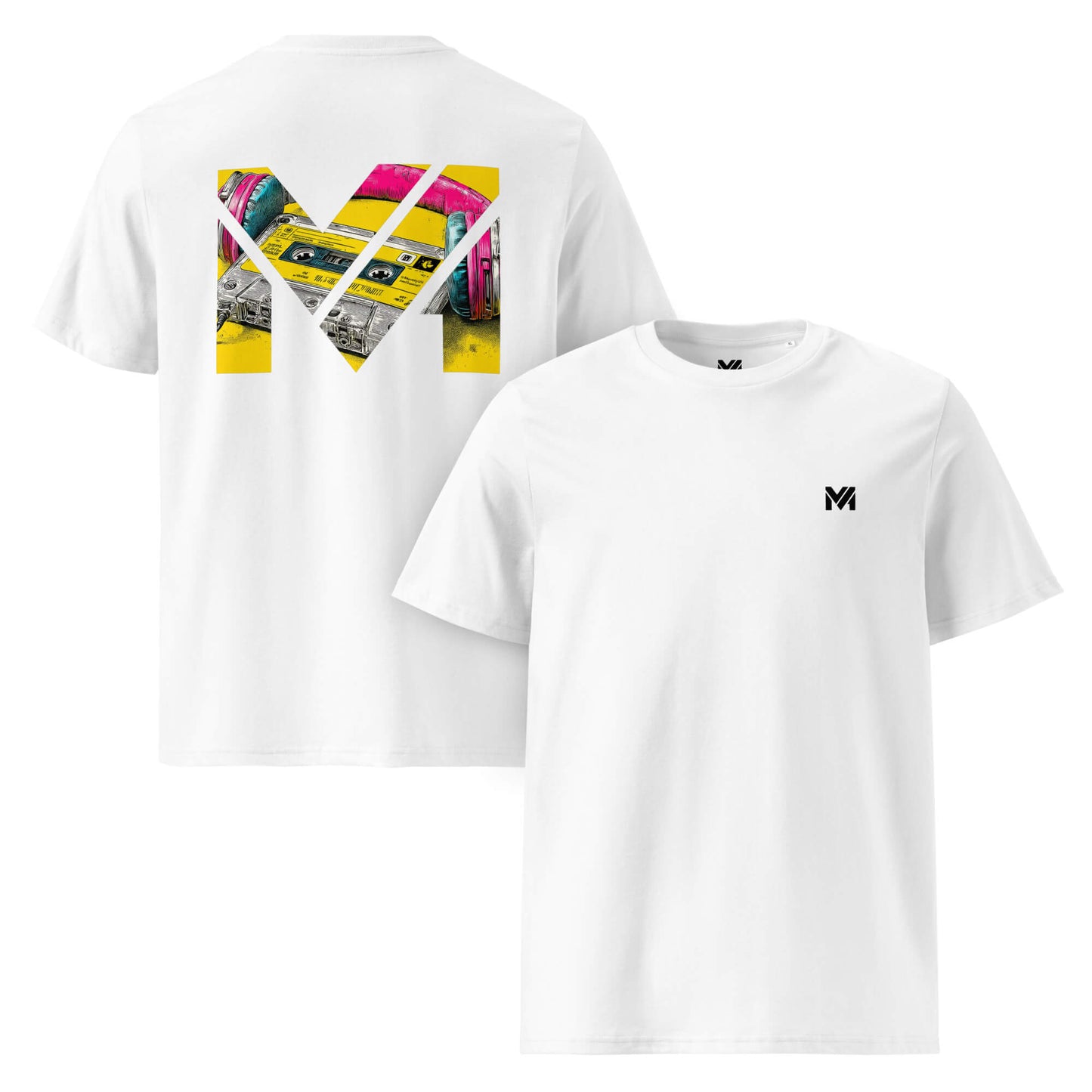 T-shirt Bio REWIND. RESET. RISE. blanc logo noir face et visuel coloré dos Mindset Ambition