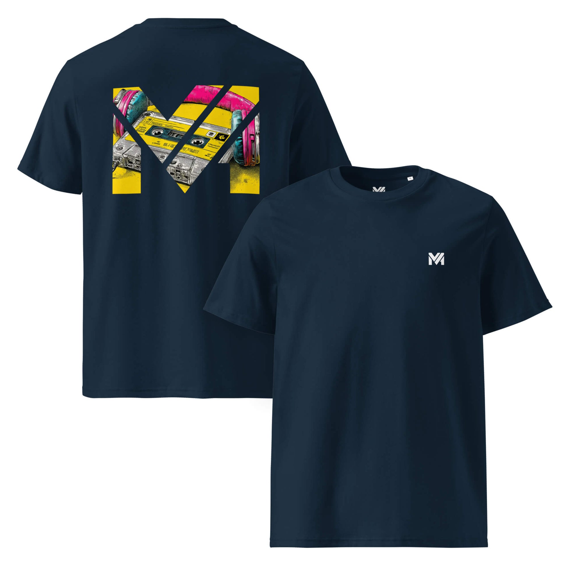 T-shirt Bio REWIND. RESET. RISE. bleu marine logo blanc face et visuel coloré dos Mindset Ambition