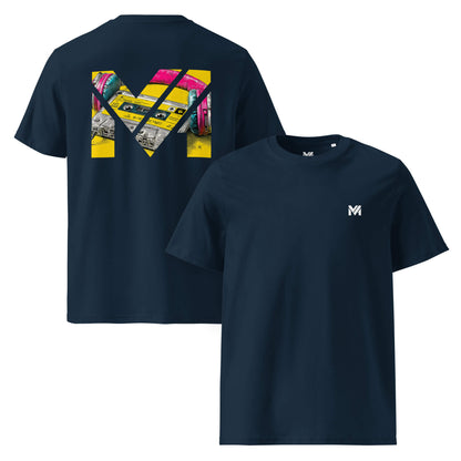 T-shirt Bio REWIND. RESET. RISE. bleu marine logo blanc face et visuel coloré dos Mindset Ambition