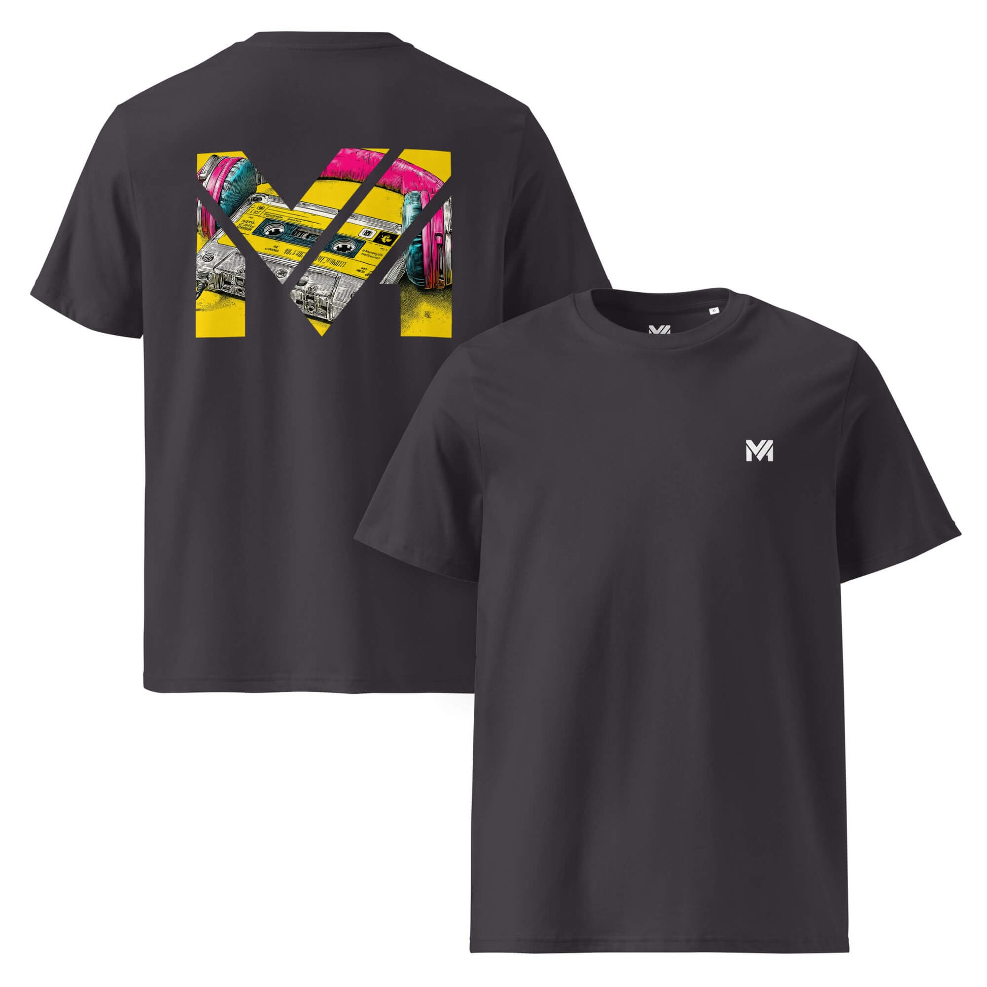 T-shirt Bio REWIND. RESET. RISE. gris anthracite logo blanc face et visuel coloré dos Mindset Ambition