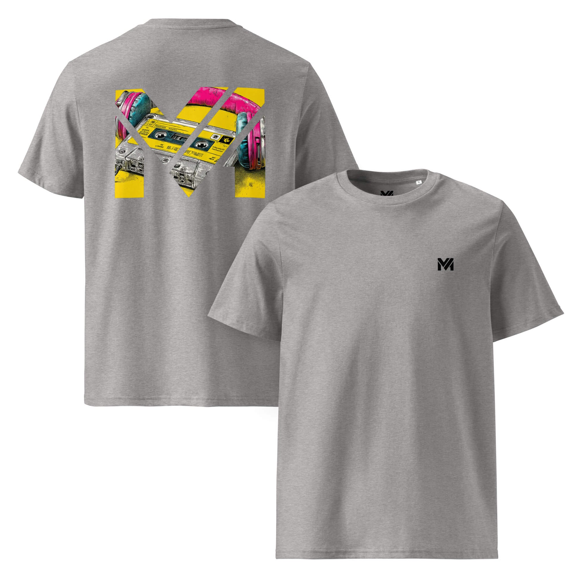 T-shirt Bio REWIND. RESET. RISE. gris chiné logo noir face et visuel coloré dos Mindset Ambition