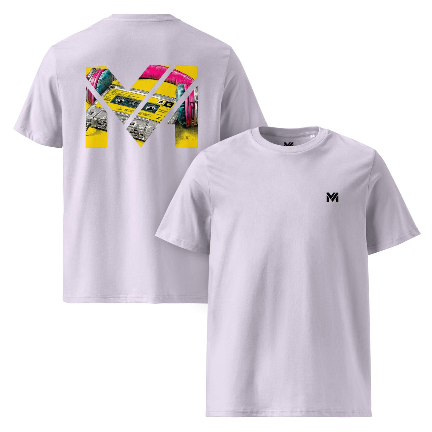 T-shirt Bio REWIND. RESET. RISE. lavande logo noir face et visuel coloré dos Mindset Ambition