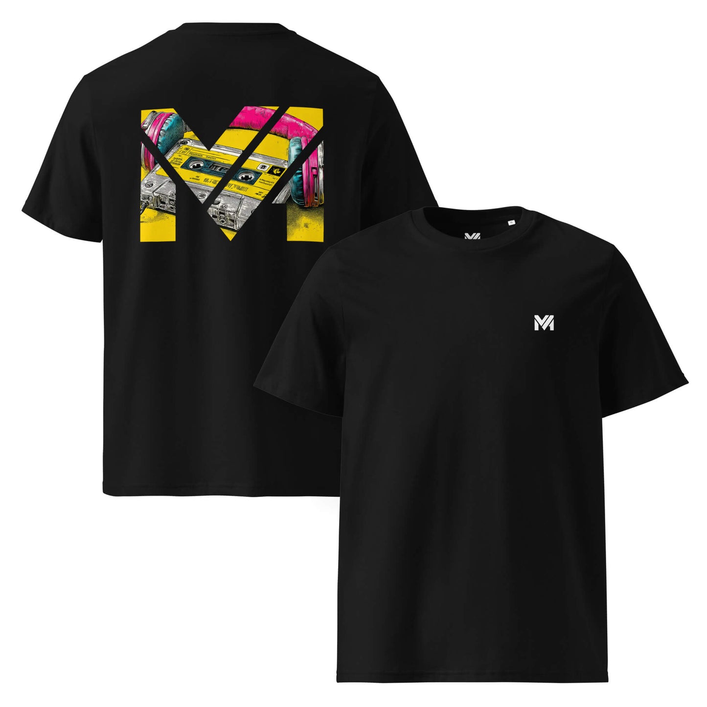 T-shirt Bio REWIND. RESET. RISE. noir logo blanc face et visuel coloré dos Mindset Ambition