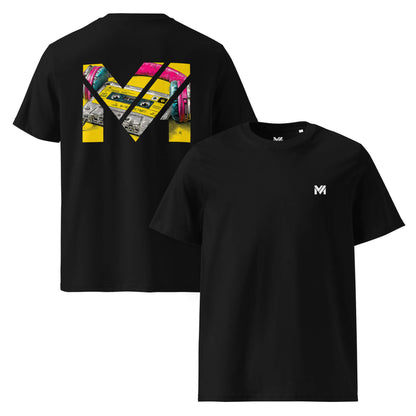 T-shirt Bio REWIND. RESET. RISE. noir logo blanc face et visuel coloré dos Mindset Ambition