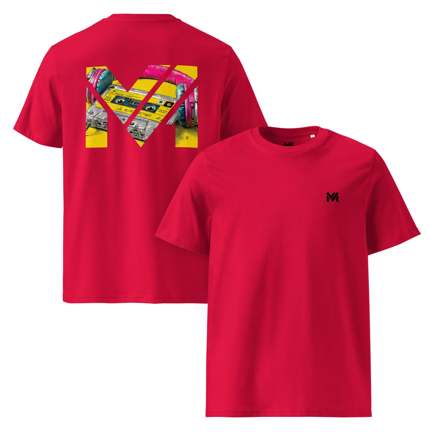 T-shirt Bio REWIND. RESET. RISE. rouge logo noir face et visuel coloré dos Mindset Ambition