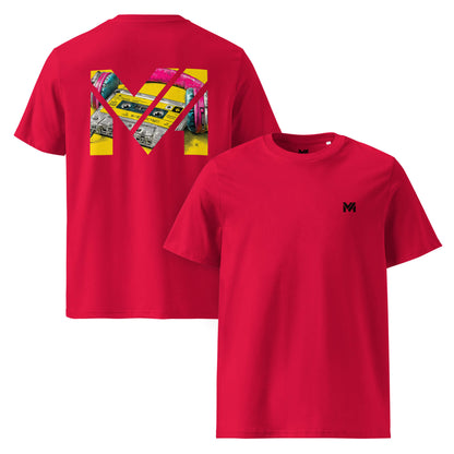 T-shirt Bio REWIND. RESET. RISE. rouge logo noir face et visuel coloré dos Mindset Ambition