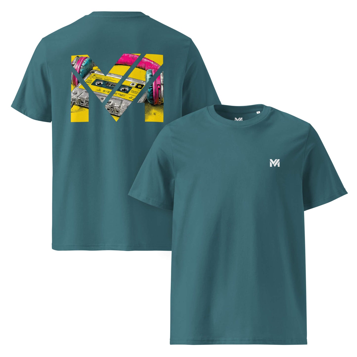 T-shirt Bio REWIND. RESET. RISE. vert logo blanc face et visuel coloré dos Mindset Ambition