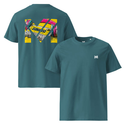 T-shirt Bio REWIND. RESET. RISE. vert logo blanc face et visuel coloré dos Mindset Ambition