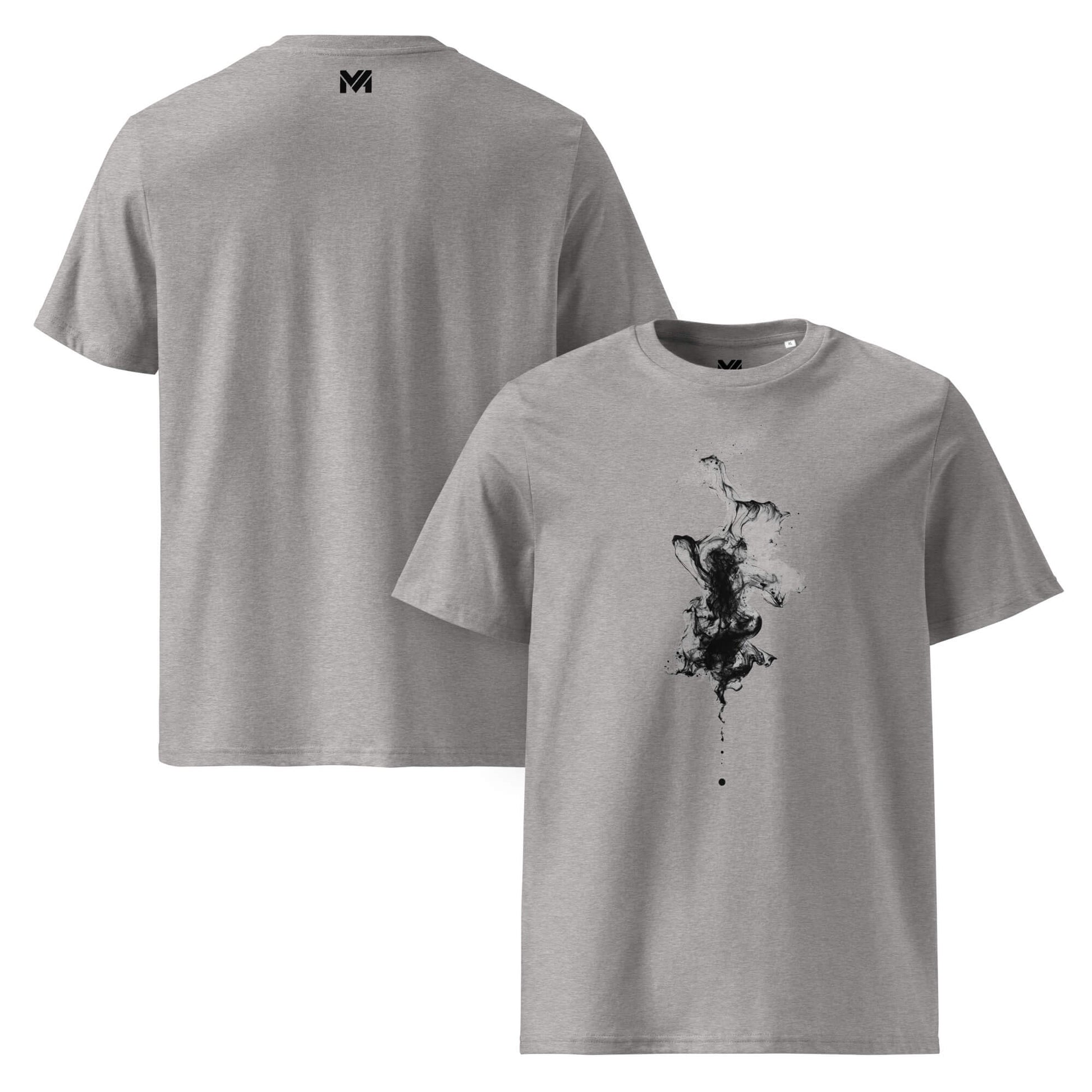 T-shirt bio gris Mindset Ambition “Shadow Mist” – effet peinture noir diffus, coton bio premium, logo MA noir centré sous le col.