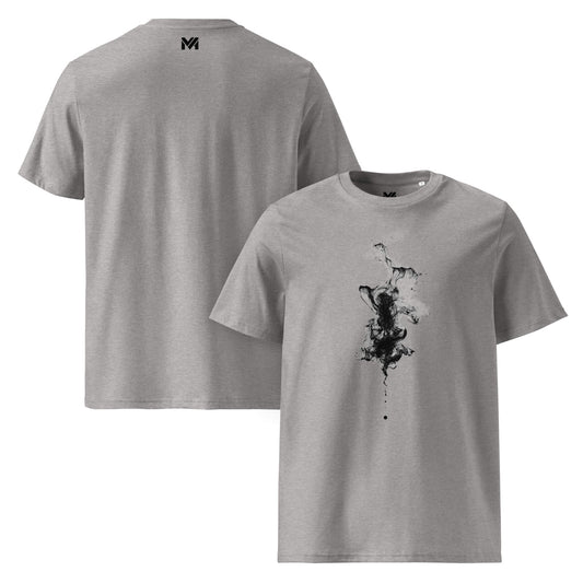 T-shirt bio gris Mindset Ambition “Shadow Mist” – effet peinture noir diffus, coton bio premium, logo MA noir centré sous le col.
