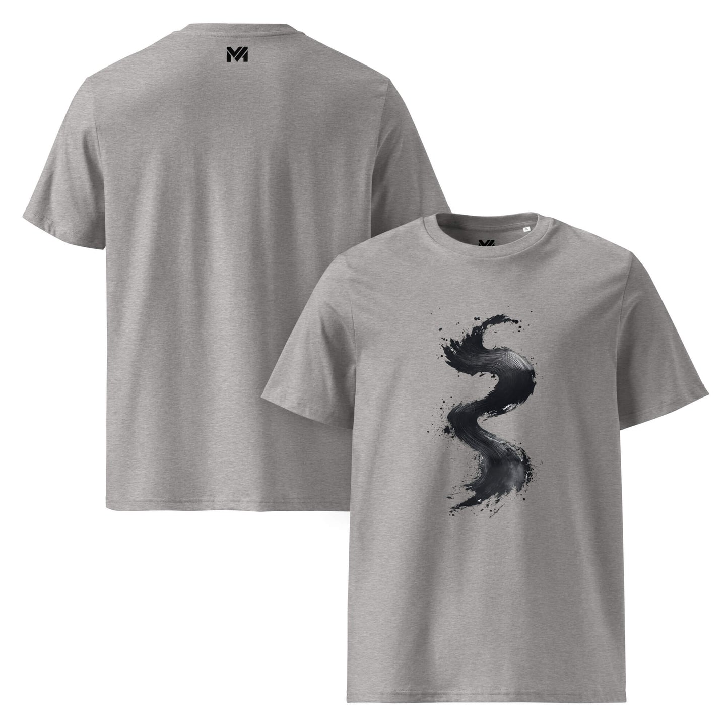 T-shirt bio unisexe gris Mindset Ambition “Silent Rise” – design noir peinture blanche, coton bio premium, logo MA noir centré sous le col.