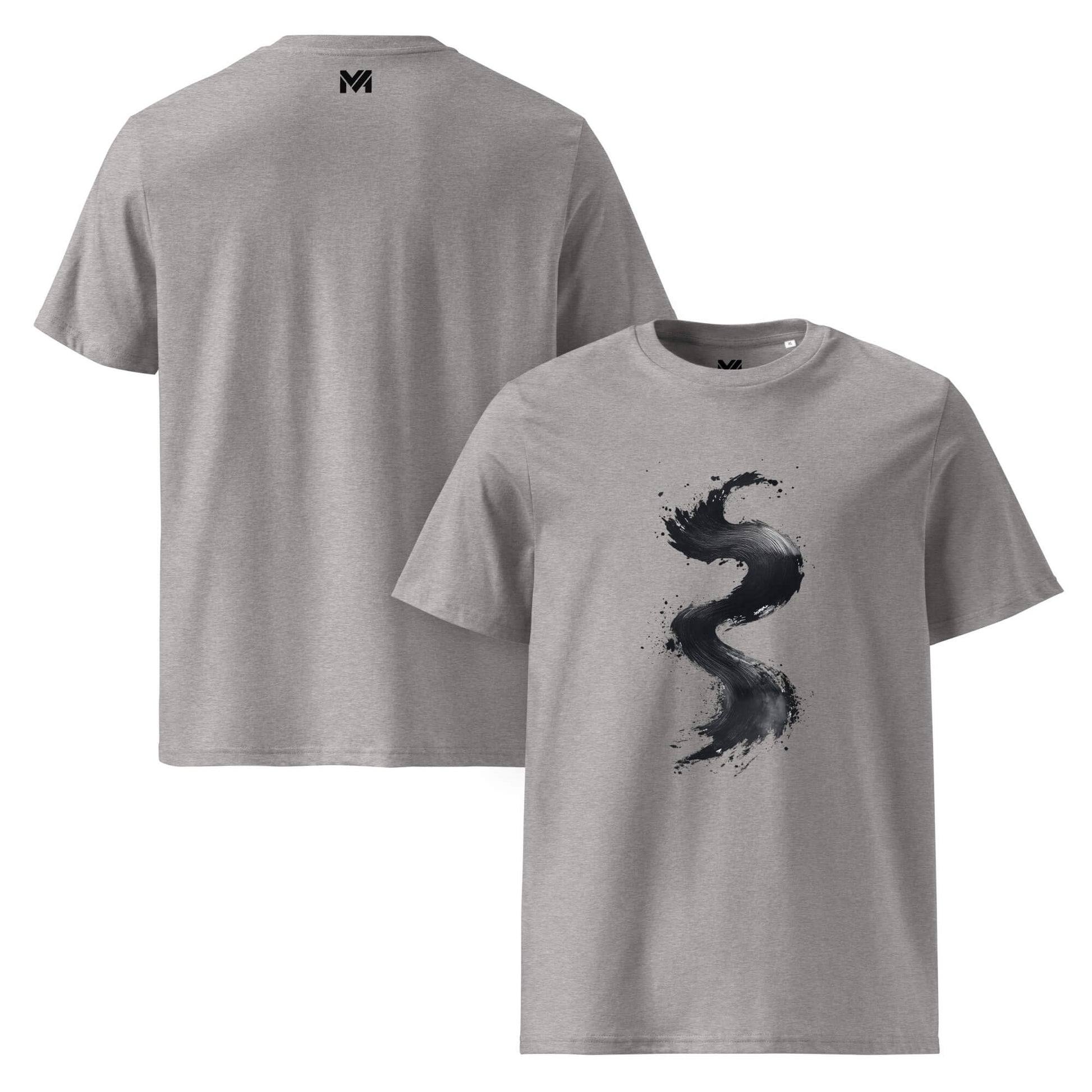 T-shirt bio unisexe gris Mindset Ambition “Silent Rise” – design noir peinture blanche, coton bio premium, logo MA noir centré sous le col.