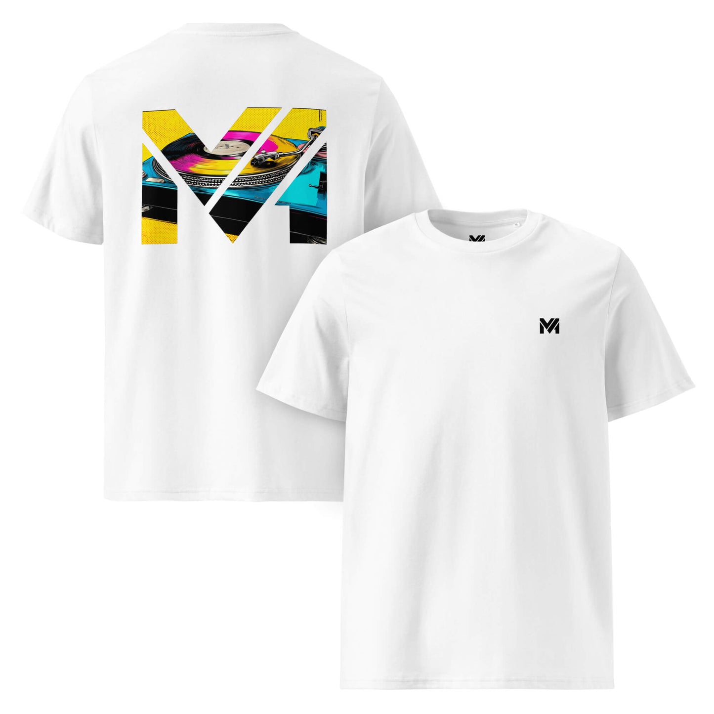 T-shirt Bio SPIN THE GRIND blanc logo noir face et visuel coloré dos Mindset Ambition