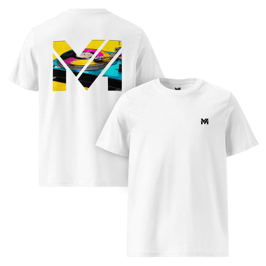 T-shirt Bio SPIN THE GRIND blanc logo noir face et visuel coloré dos Mindset Ambition