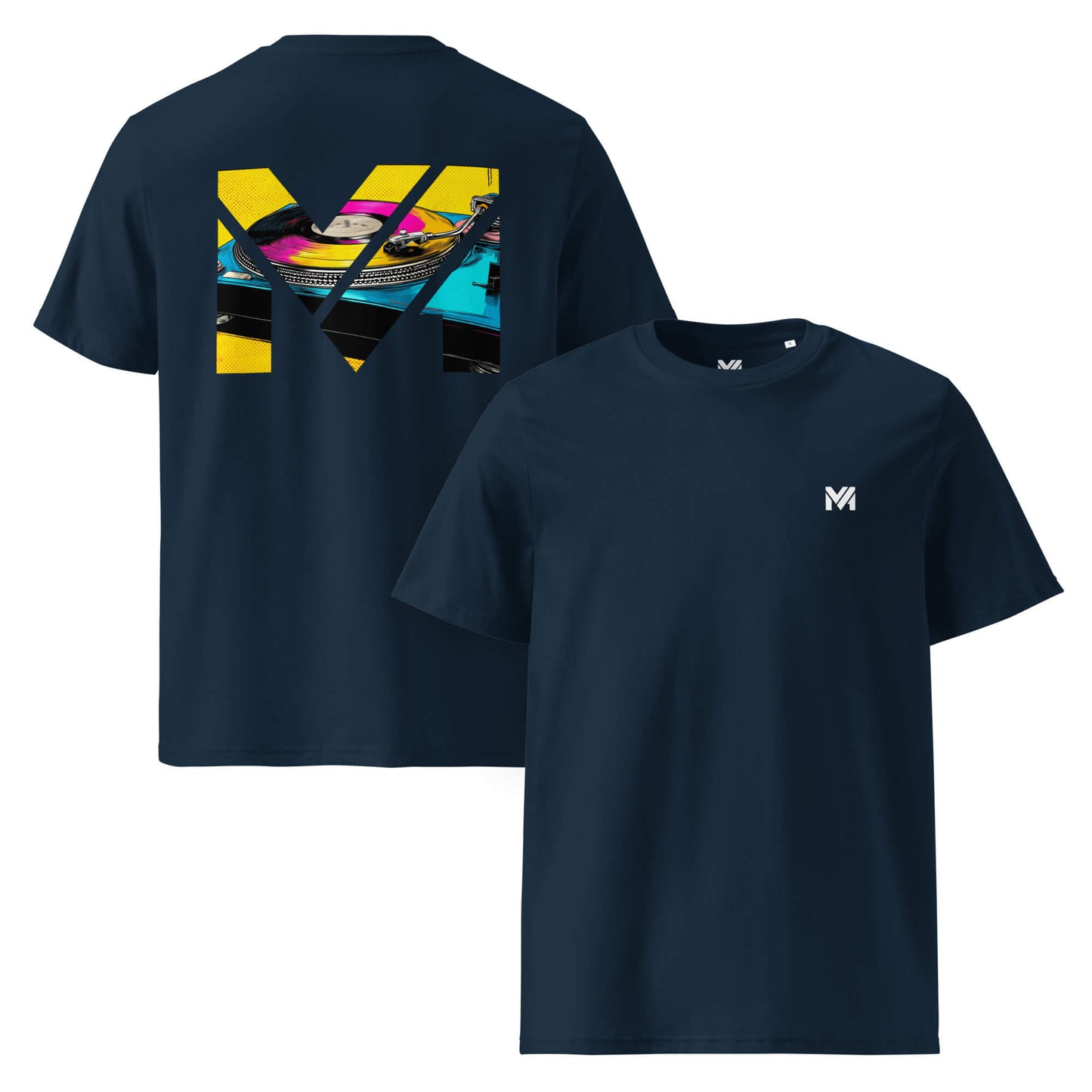 T-shirt Bio SPIN THE GRIND bleu marine logo blanc face et visuel coloré dos Mindset Ambition