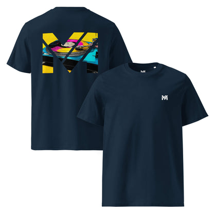 T-shirt Bio SPIN THE GRIND bleu marine logo blanc face et visuel coloré dos Mindset Ambition