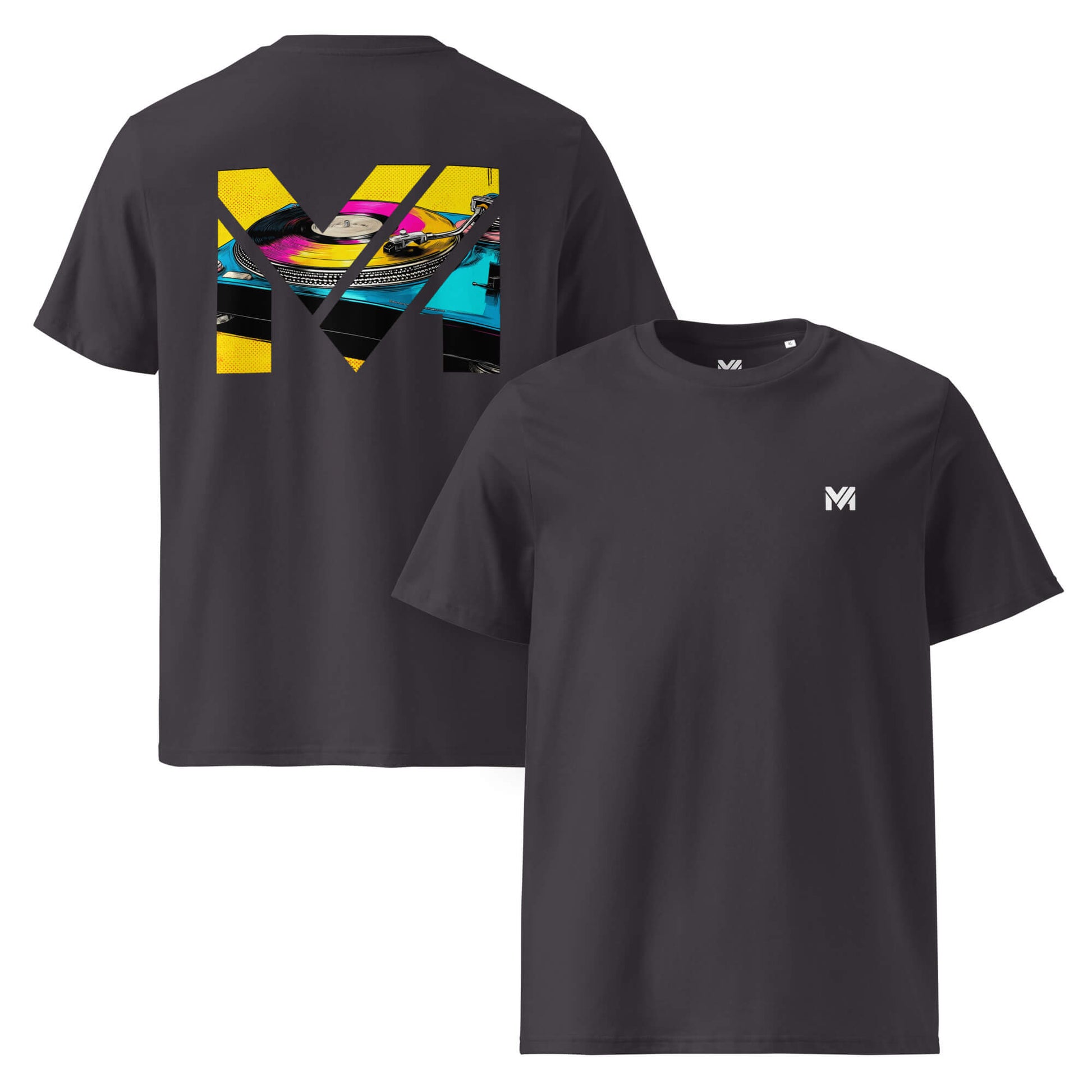 T-shirt Bio SPIN THE GRIND gris anthracite logo blanc face et visuel coloré dos Mindset Ambition
