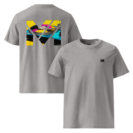 T-shirt Bio SPIN THE GRIND gris chiné logo noir face et visuel coloré dos Mindset Ambition