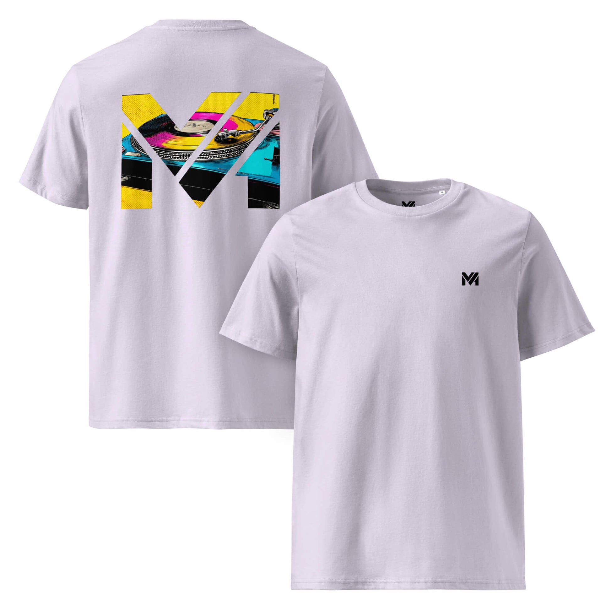 T-shirt Bio SPIN THE GRIND lavande logo noir face et visuel coloré dos Mindset Ambition