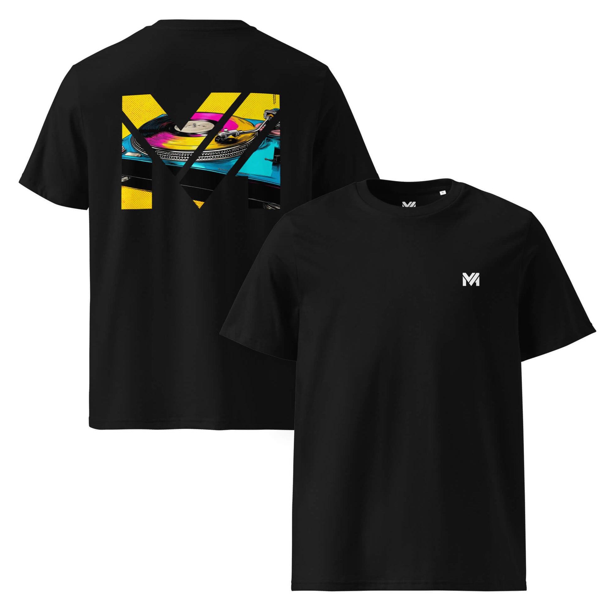 T-shirt Bio SPIN THE GRIND noir logo blanc face et visuel coloré dos Mindset Ambition