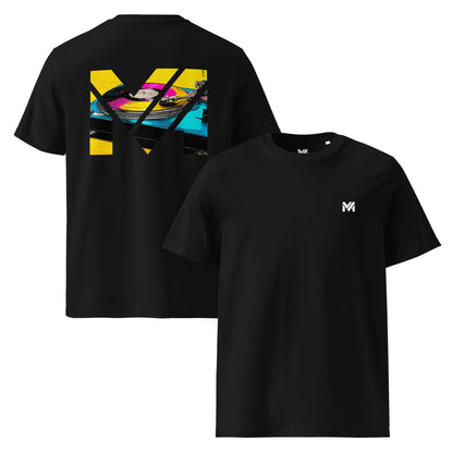 T-shirt Bio SPIN THE GRIND noir logo blanc face et visuel coloré dos Mindset Ambition
