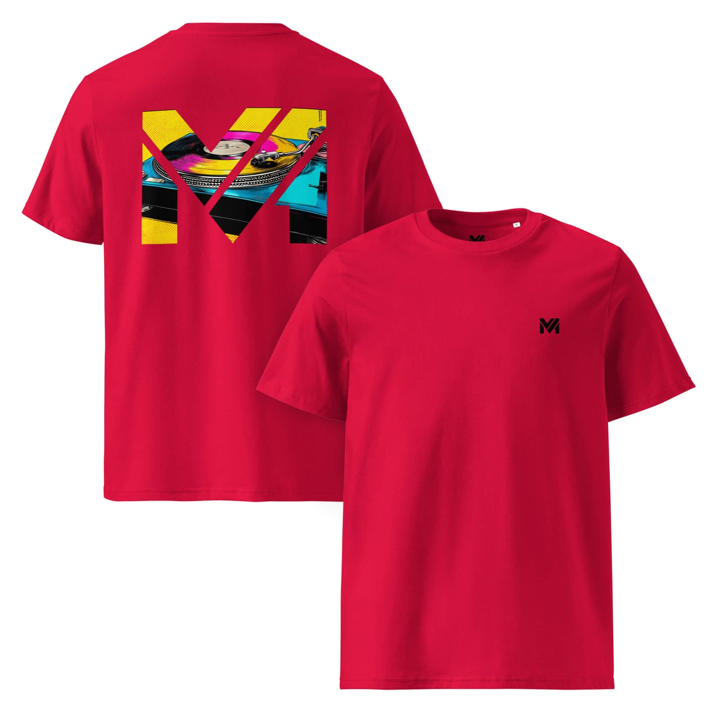 T-shirt Bio SPIN THE GRIND rouge logo noir face et visuel coloré dos Mindset Ambition