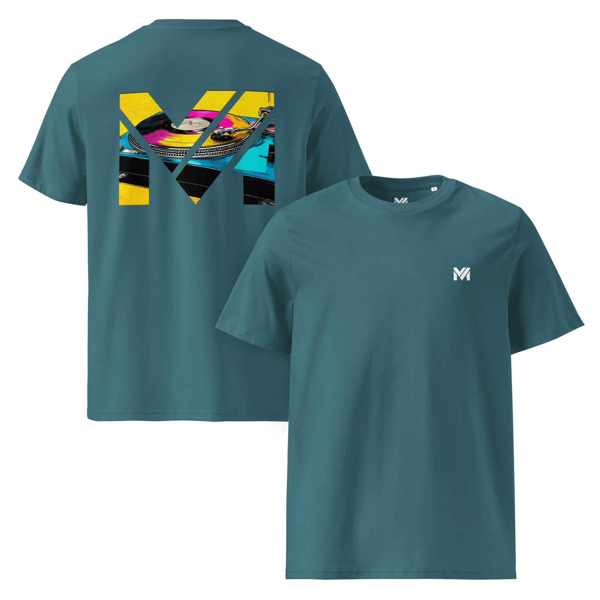 T-shirt Bio SPIN THE GRIND vert logo blanc face et visuel coloré dos Mindset Ambition