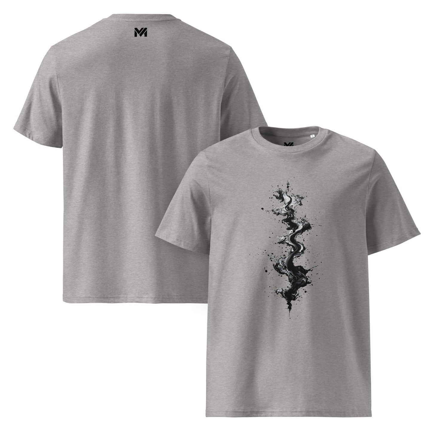 T-shirt bio unisexe gris Mindset Ambition “Sumi Flow” – design artistique noir inspiré sumi-e, coton bio premium, logo MA centré au dos.