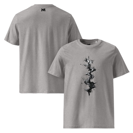 T-shirt bio unisexe gris Mindset Ambition “Sumi Flow” – design artistique noir inspiré sumi-e, coton bio premium, logo MA centré au dos.