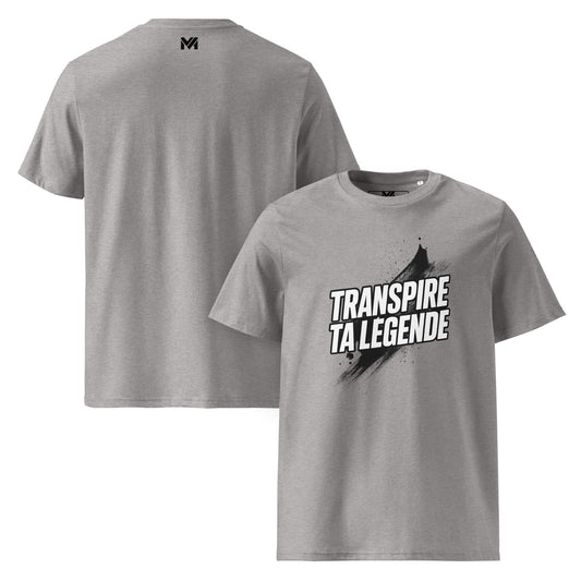 T-shirt bio unisexe gris Mindset Ambition “Transpire ta Légende” – impression noire effet peinture, coupe droite, coton bio de qualité, logo MA centré au dos.