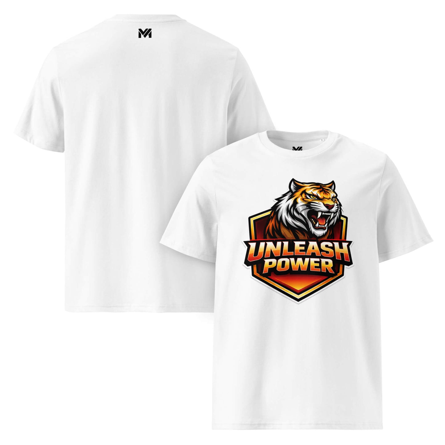 T-shirt Bio UNLEASH POWER blanc visuel coloré face et logo noir dos sous le col Mindset Ambition