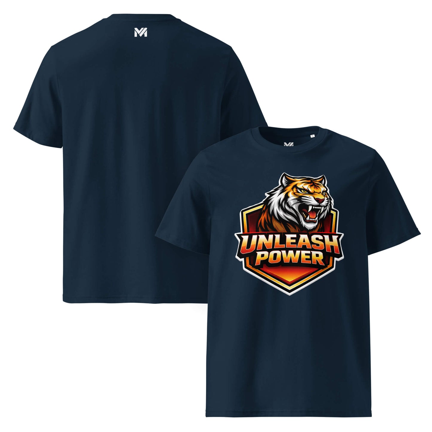 T-shirt Bio UNLEASH POWER bleu marine visuel coloré face et logo blanc dos sous le col Mindset Ambition