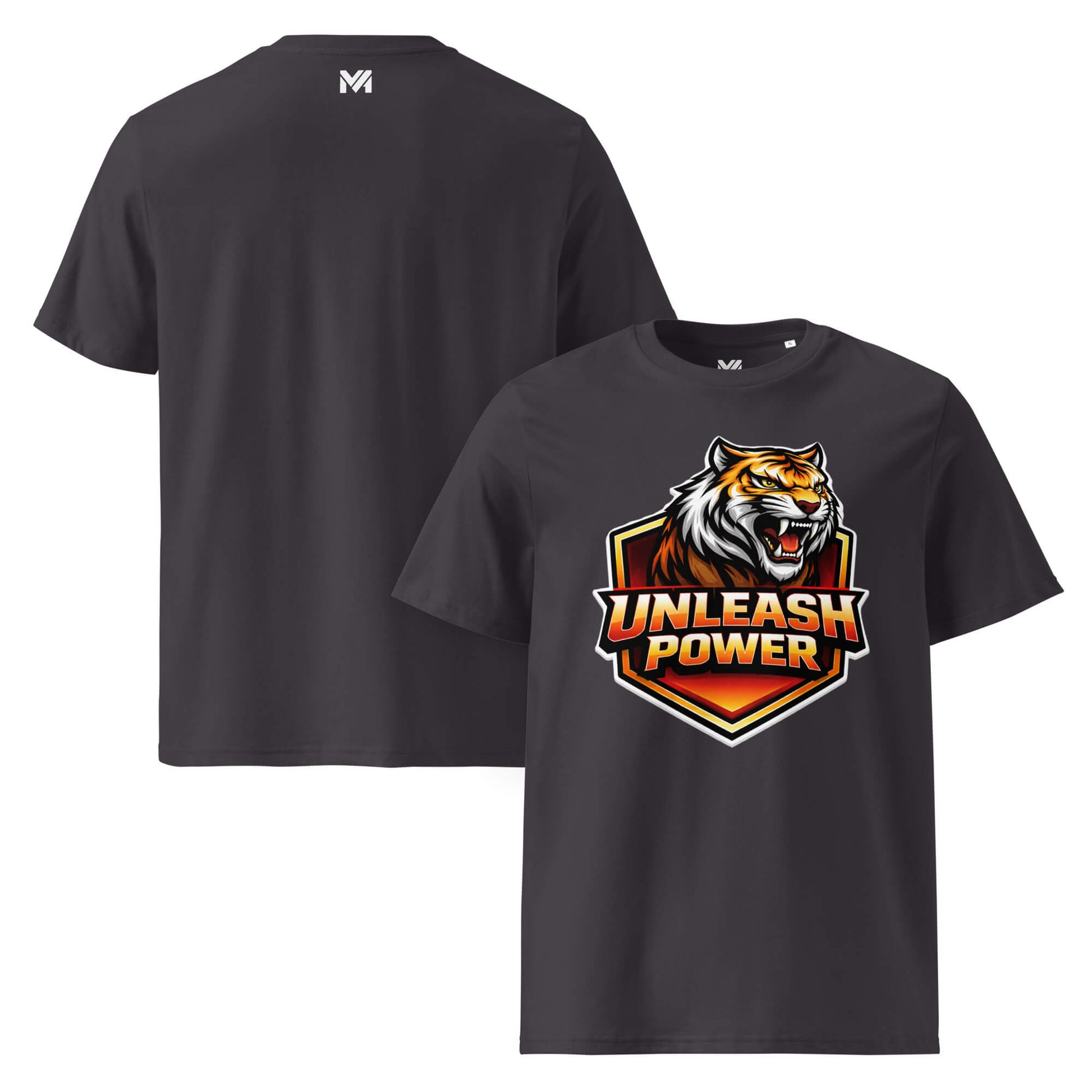 T-shirt Bio UNLEASH POWER gris anthracite visuel coloré face et logo blanc dos sous le col Mindset Ambition